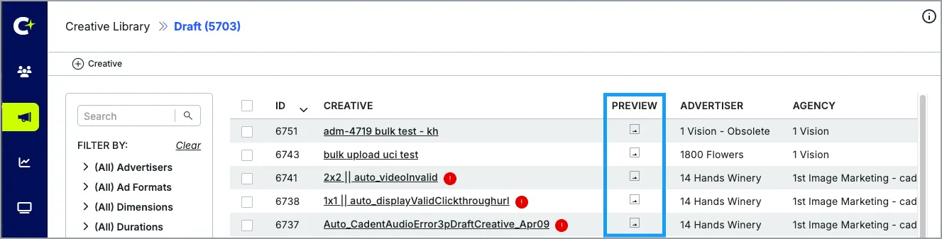 Icône Preview dans la Creative Library