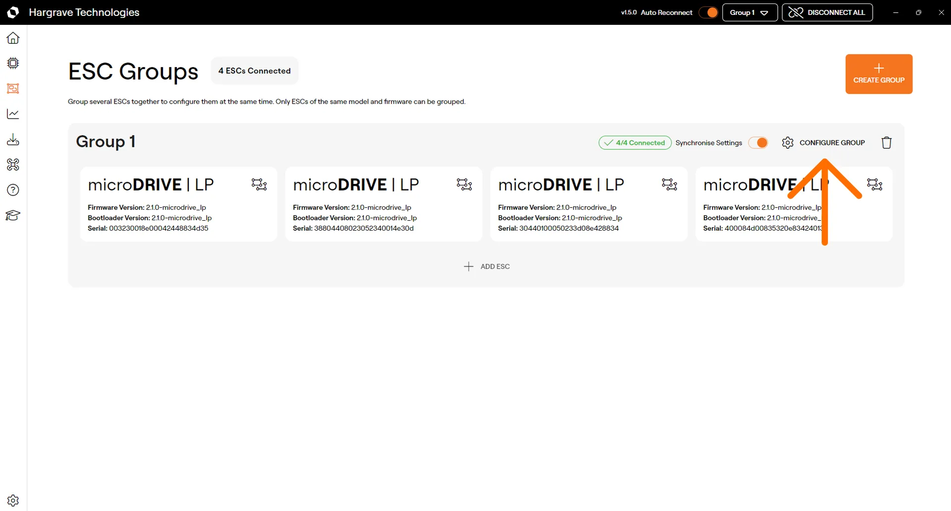 Click on 'configure group' to navigate to the ESC page