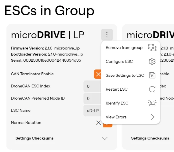 In the per-unit settings tab you can expand actions for each ESC