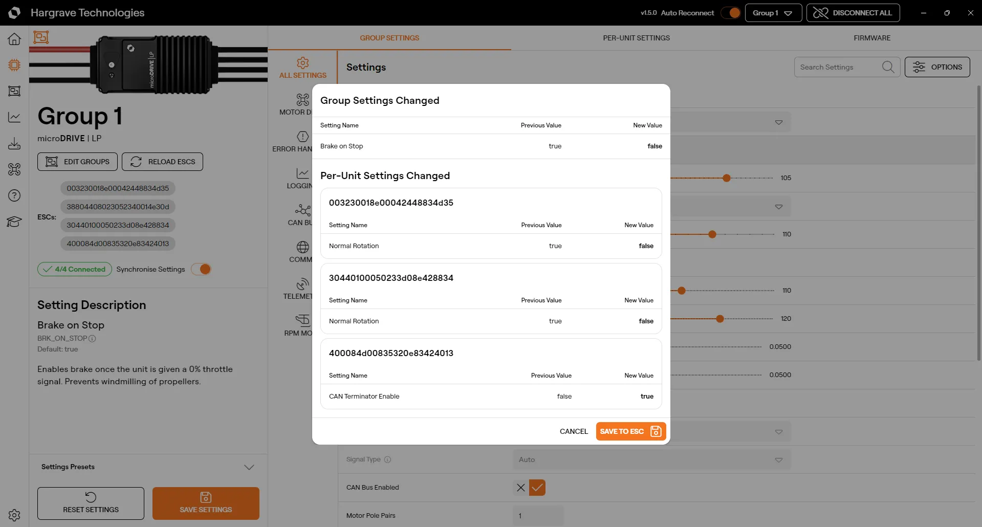 The settings save dialog for an ESC group
