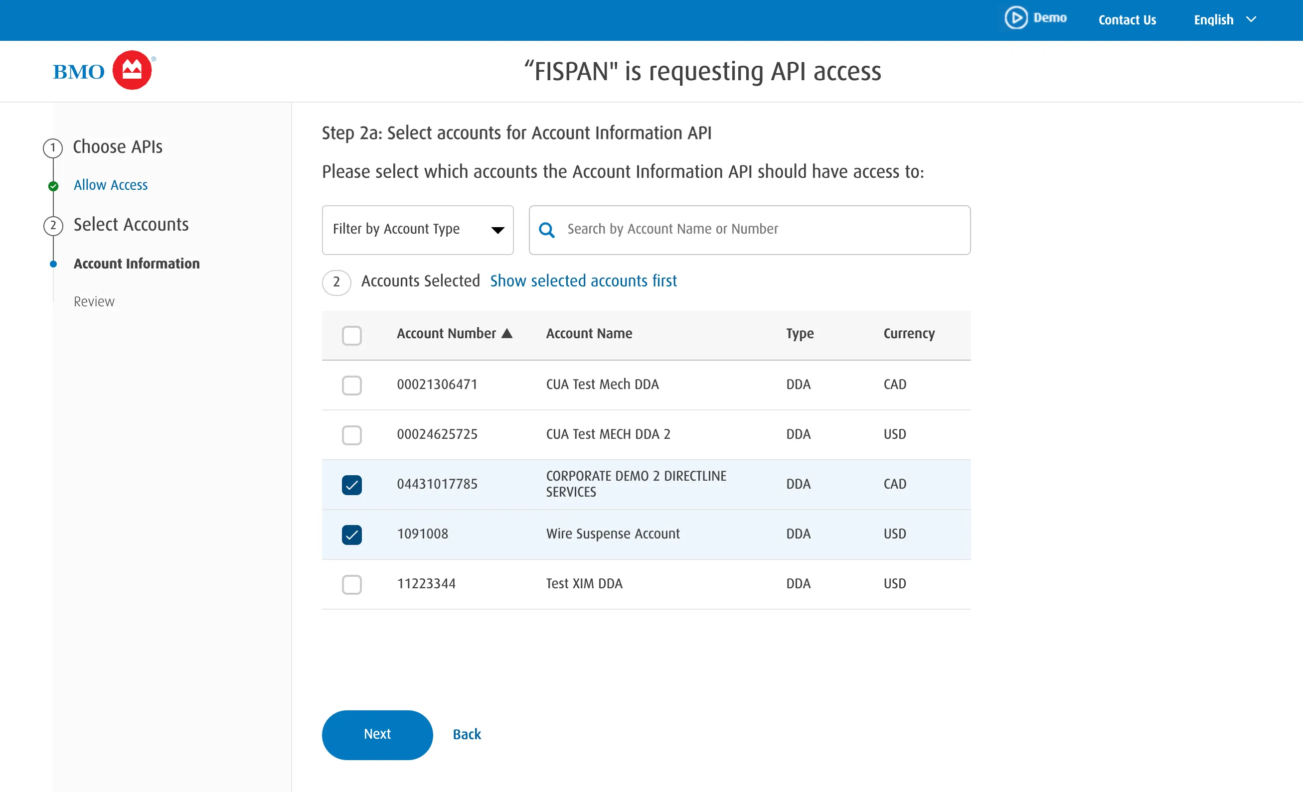 Select accounts for Account Information API access