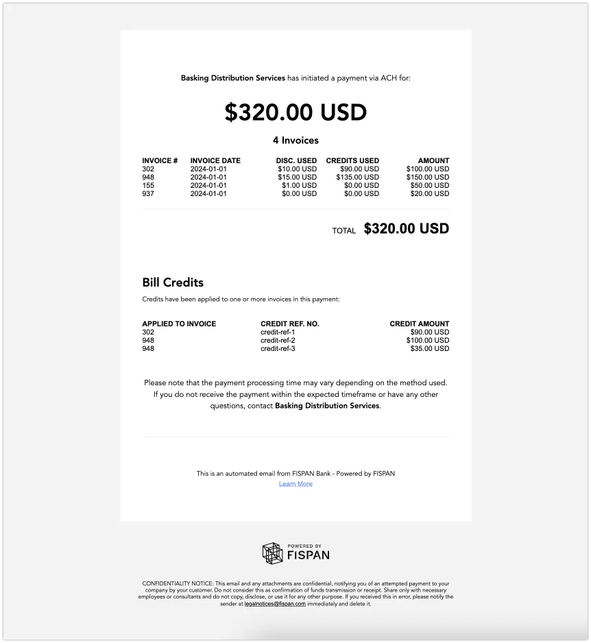 An image of an email containing payments to invoices and their associated credits. An image of an email containing payments to invoices and their associated credits.