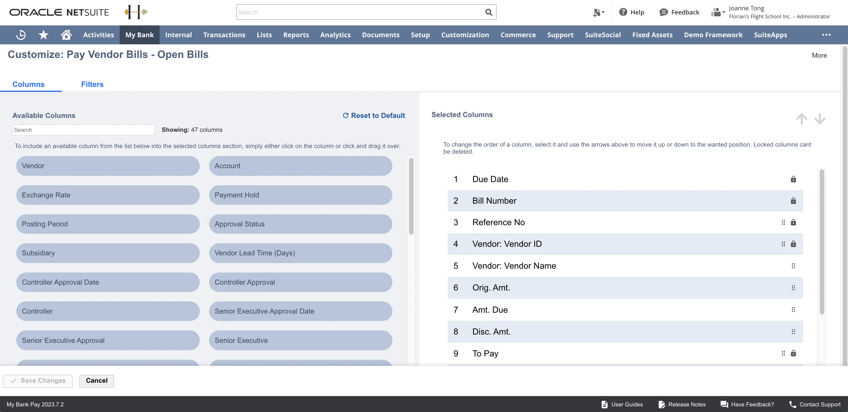 The Customize page for the Open Bills tab of the Pay Vendor Bills page The Customize page for the Open Bills tab of the Pay Vendor Bills page