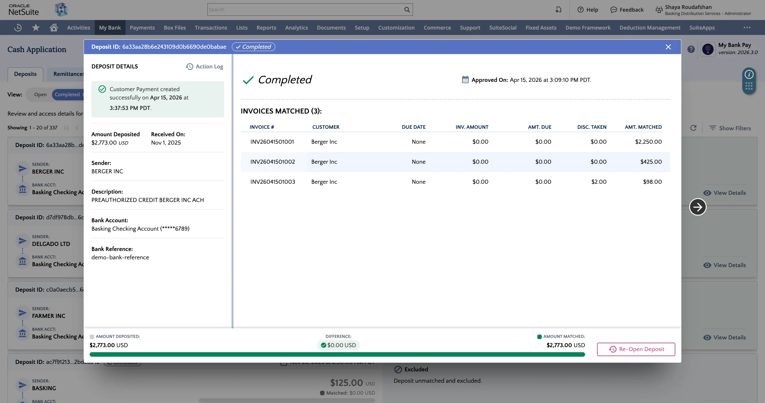 Completed deposit details on a deposit card shows the deposit details and any matched invoice details