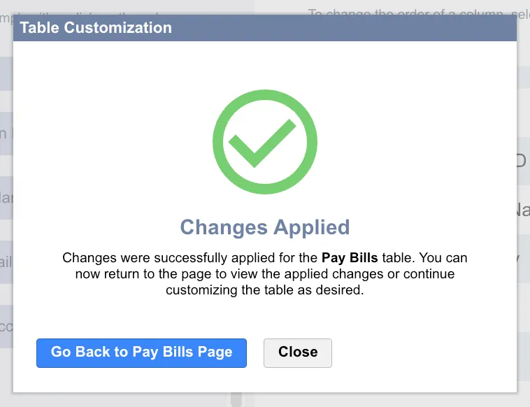 Changes Applied confirmation window Changes Applied confirmation window