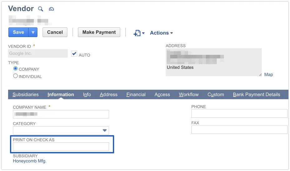 If entered, the "Print on Check As" field will be used as the name for all payments to this vendor. If entered, the "Print on Check As" field will be used as the name for all payments to this vendor.