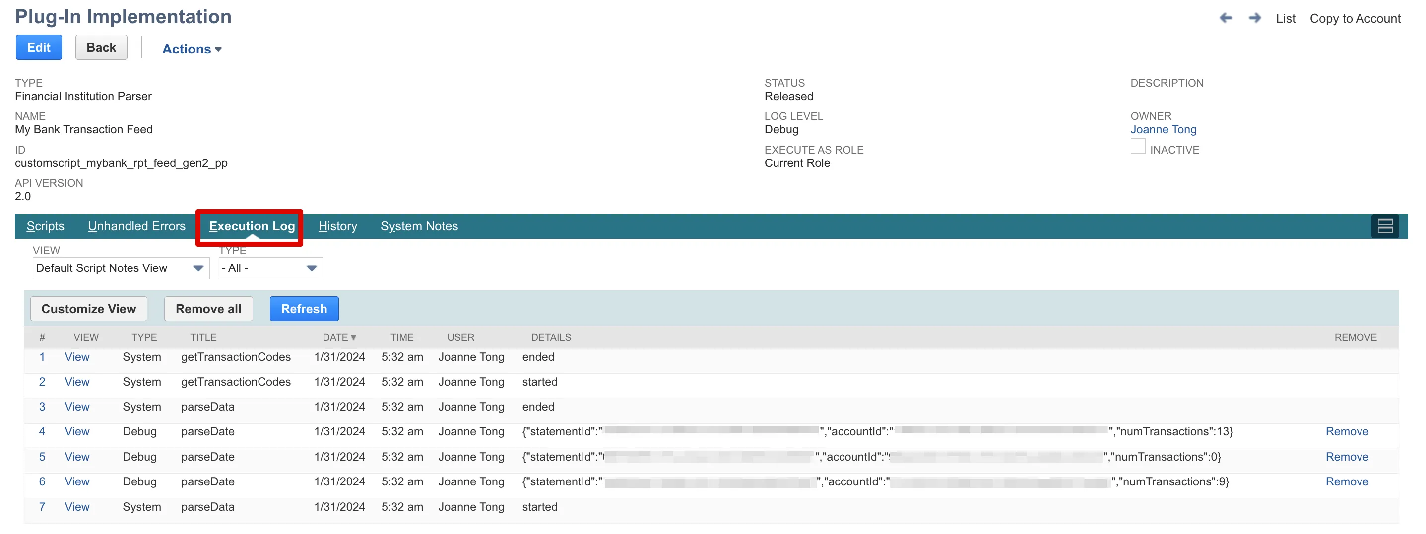 Transaction Parser (Financial Institution Parser) Execution Logs
