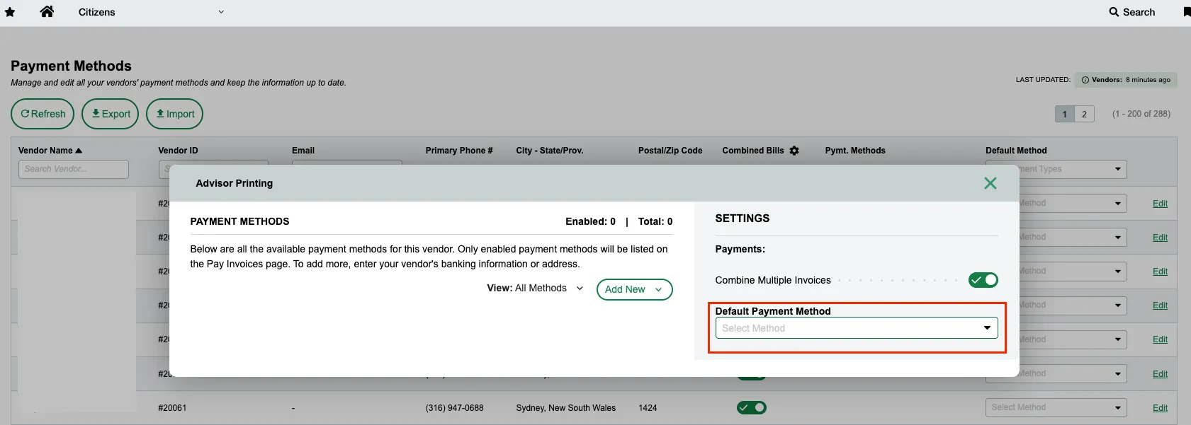 Setting Default VCC Payment in Intacct