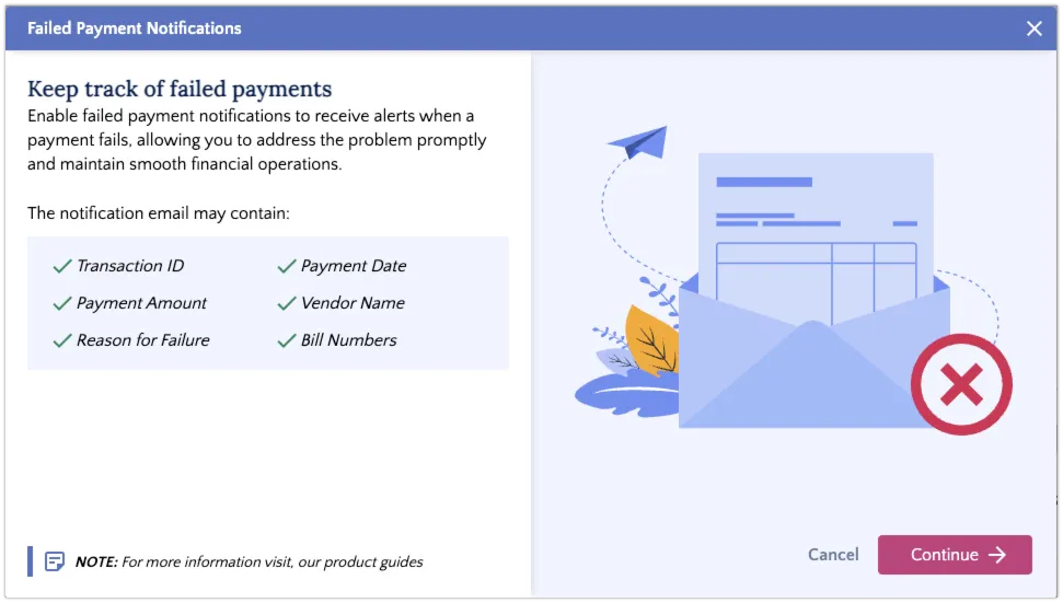 View Details about the Failed Payment Notifications feature.