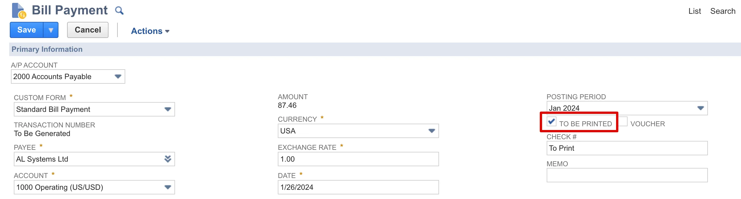 Select the "TO BE PRINTED" checkbox Select the "TO BE PRINTED" checkbox