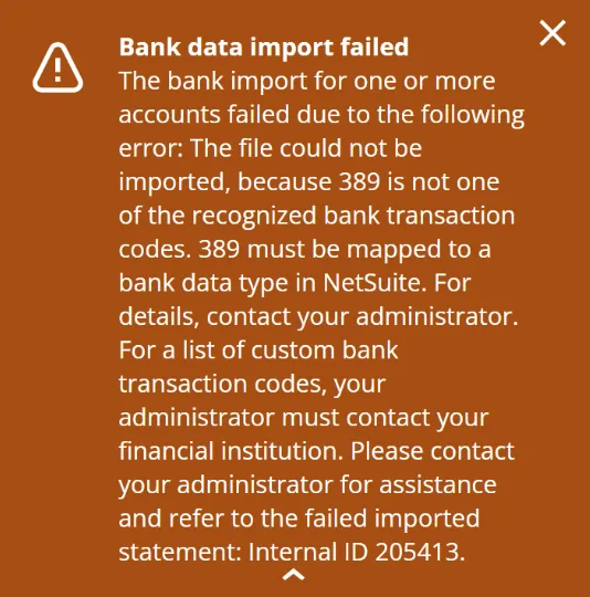 Sample import failed error on the Match Bank Data page