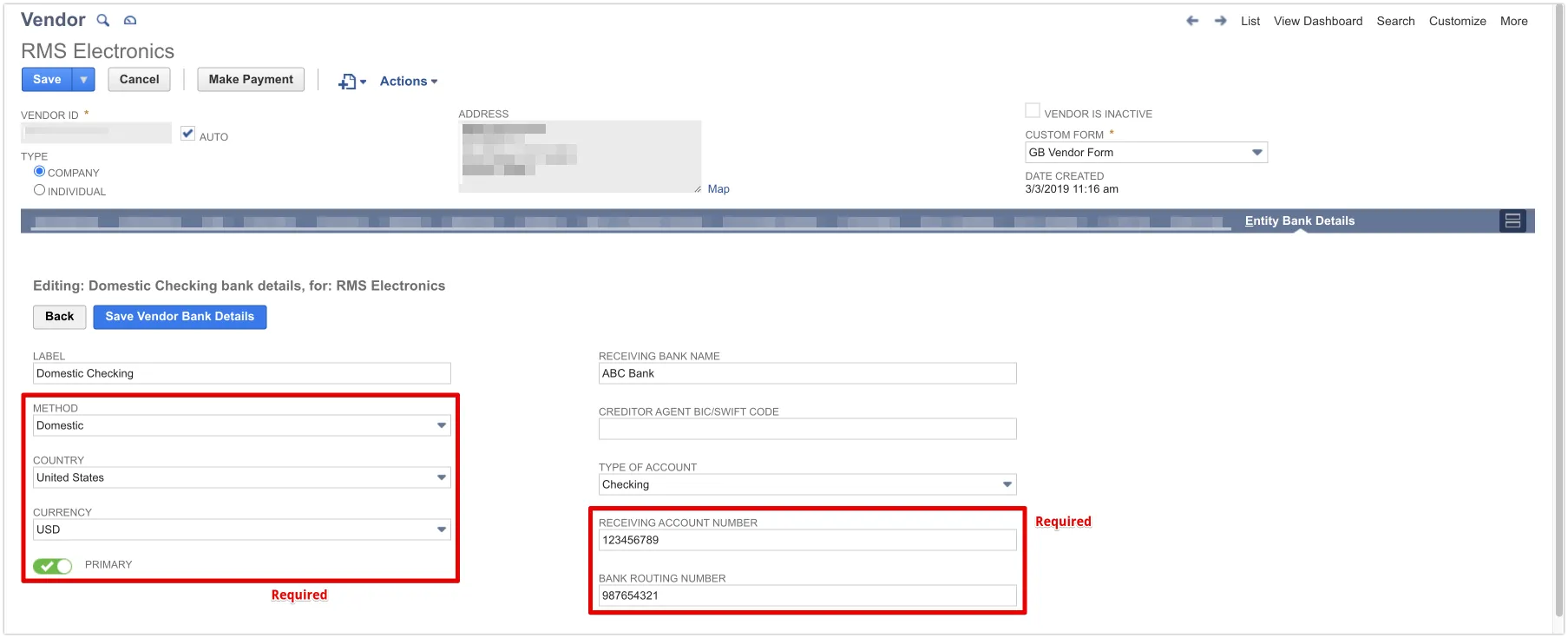ACH payments require destination bank details to be stored within the Entity Bank Details bundle.