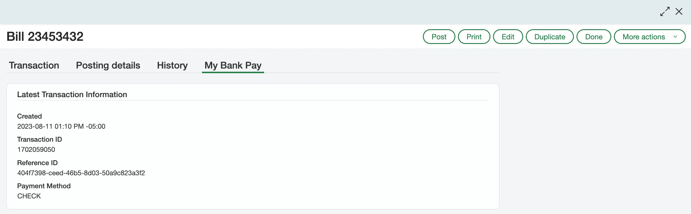 See Transaction ID field under your Bank tab on the Bill