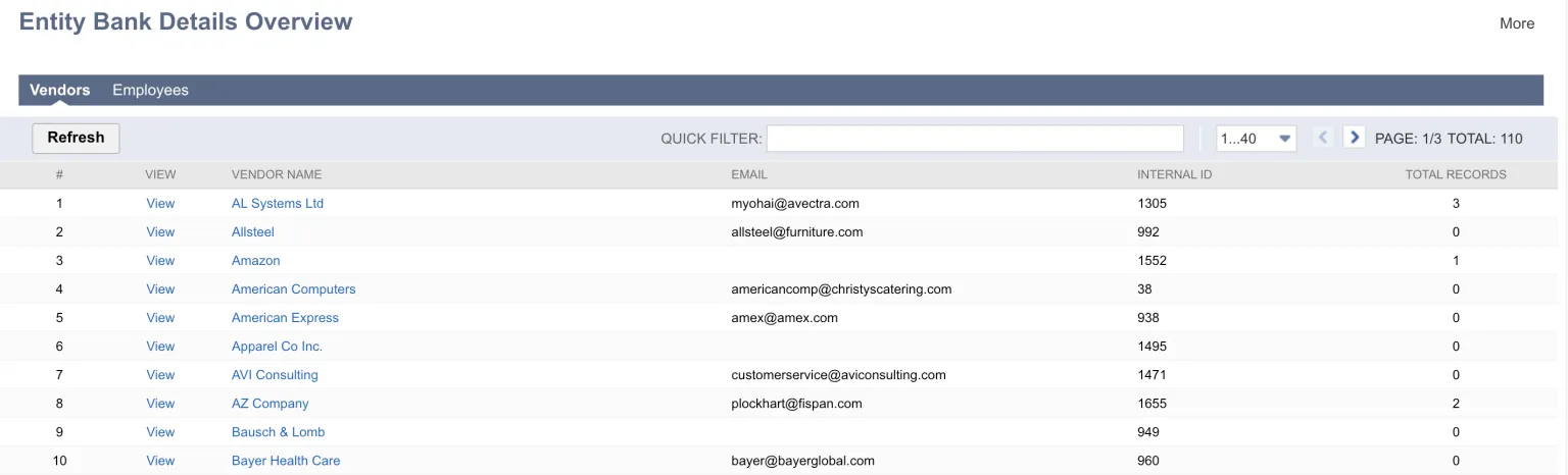 Entity Bank Details Overview page - Vendors tab