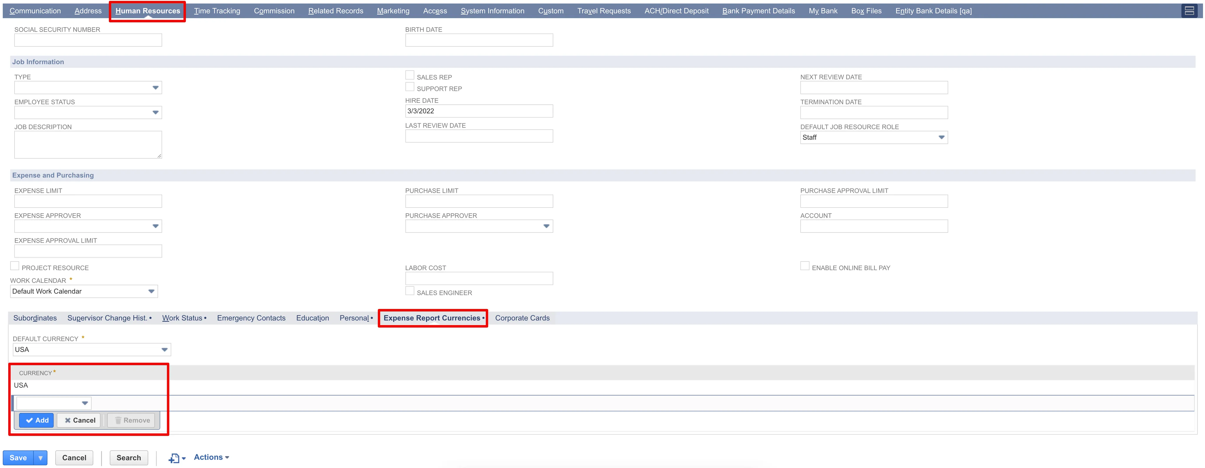 Expense Report Currencies field on the Employee record Expense Report Currencies field on the Employee record