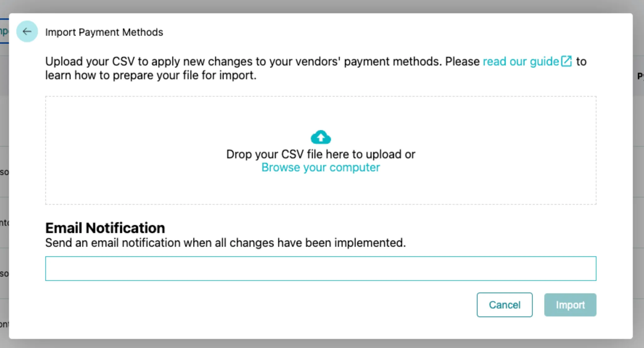 Drop your CSV file here to upload or browse your computer