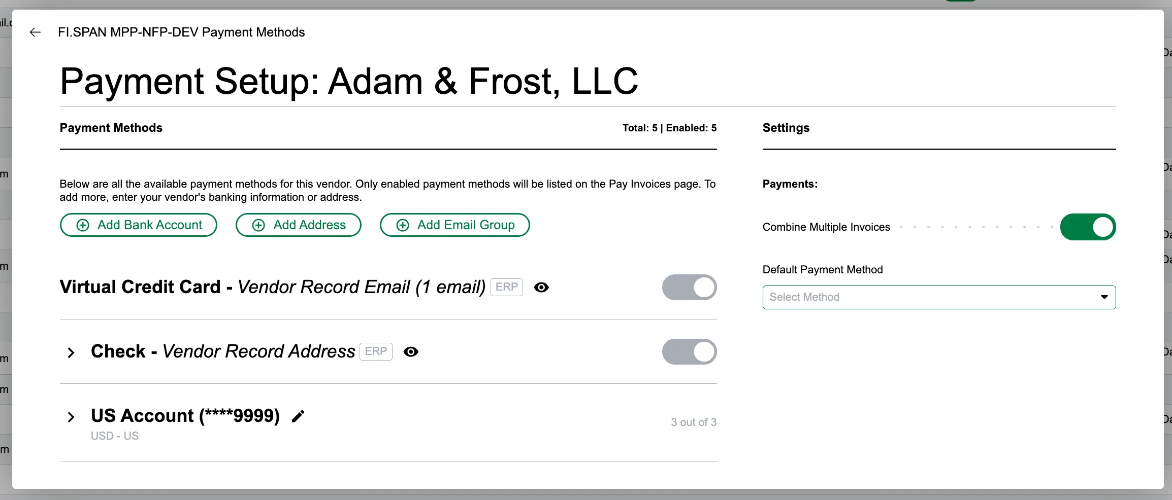 Payment Setup: VENDOR NAME window Payment Setup: VENDOR NAME window