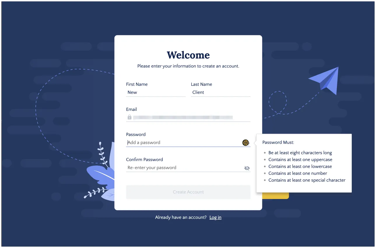 An image of the registration page, describing password requirements. An image of the registration page, describing password requirements.