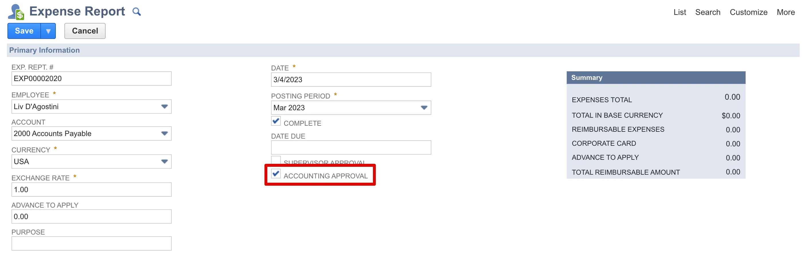 Accounting Approval checkbox on an Expense Report Accounting Approval checkbox on an Expense Report
