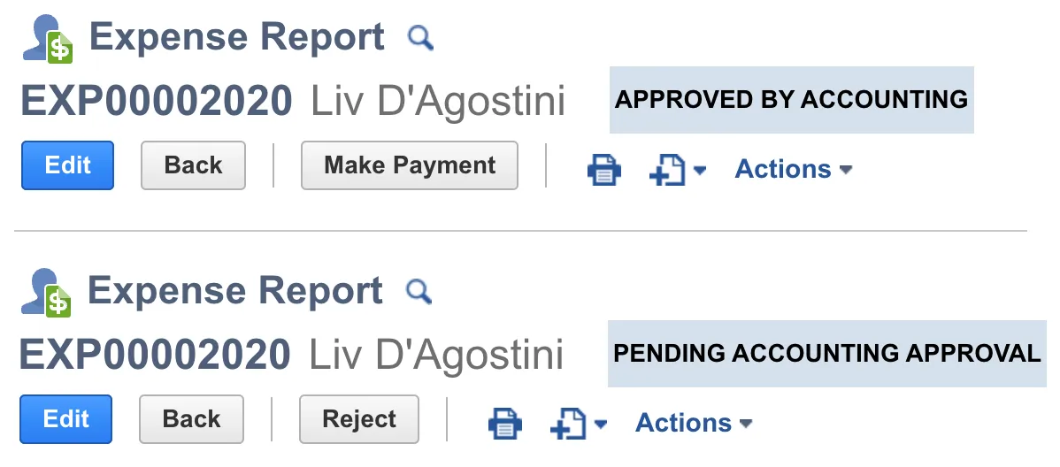 An Expense Report marked as Approved by Accounting vs. Pending Accounting Approval An Expense Report marked as Approved by Accounting vs. Pending Accounting Approval