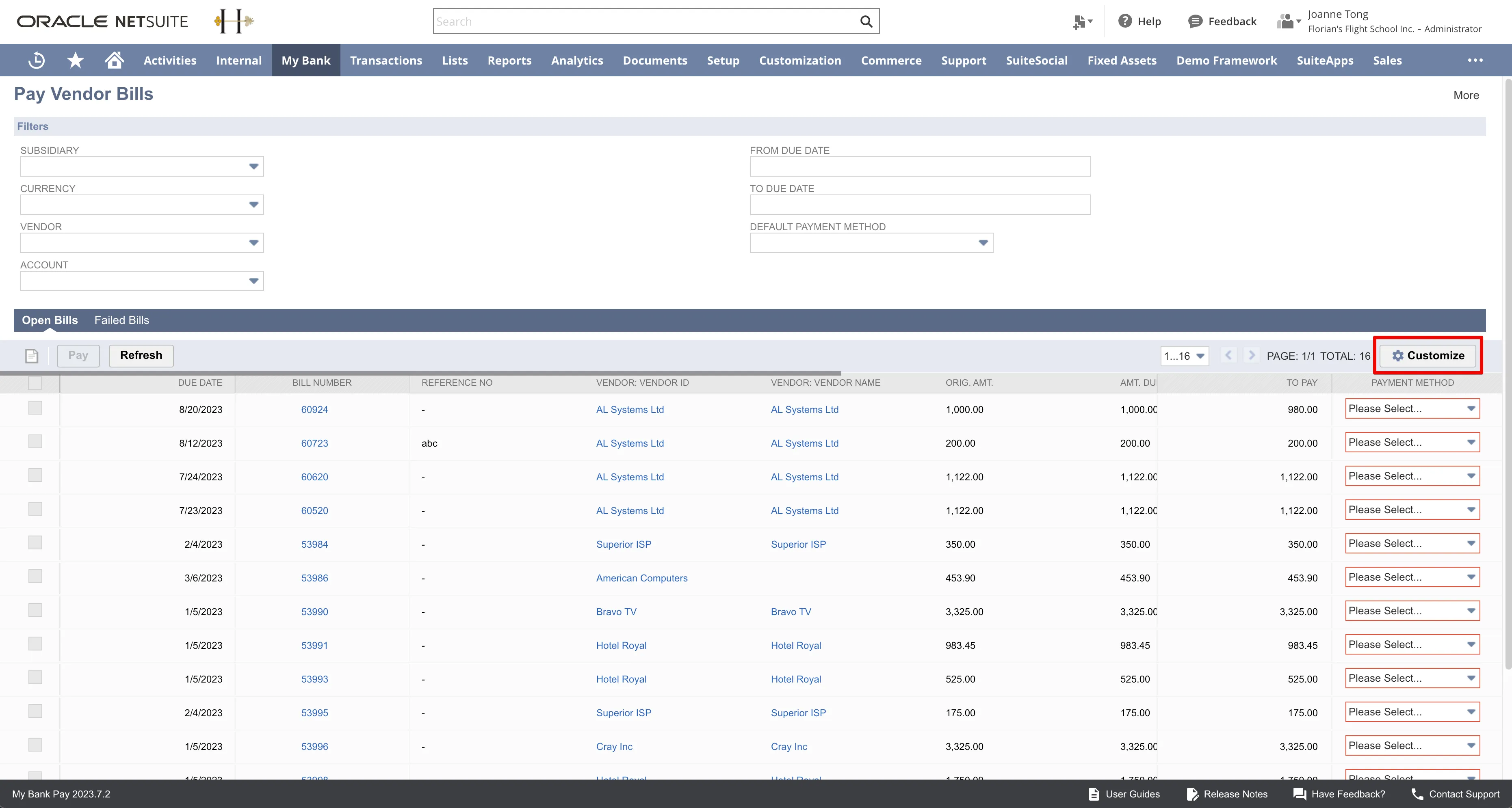Customize Button Located on the Right of the Pay Vendor Bills Screen Customize Button Located on the Right of the Pay Vendor Bills Screen