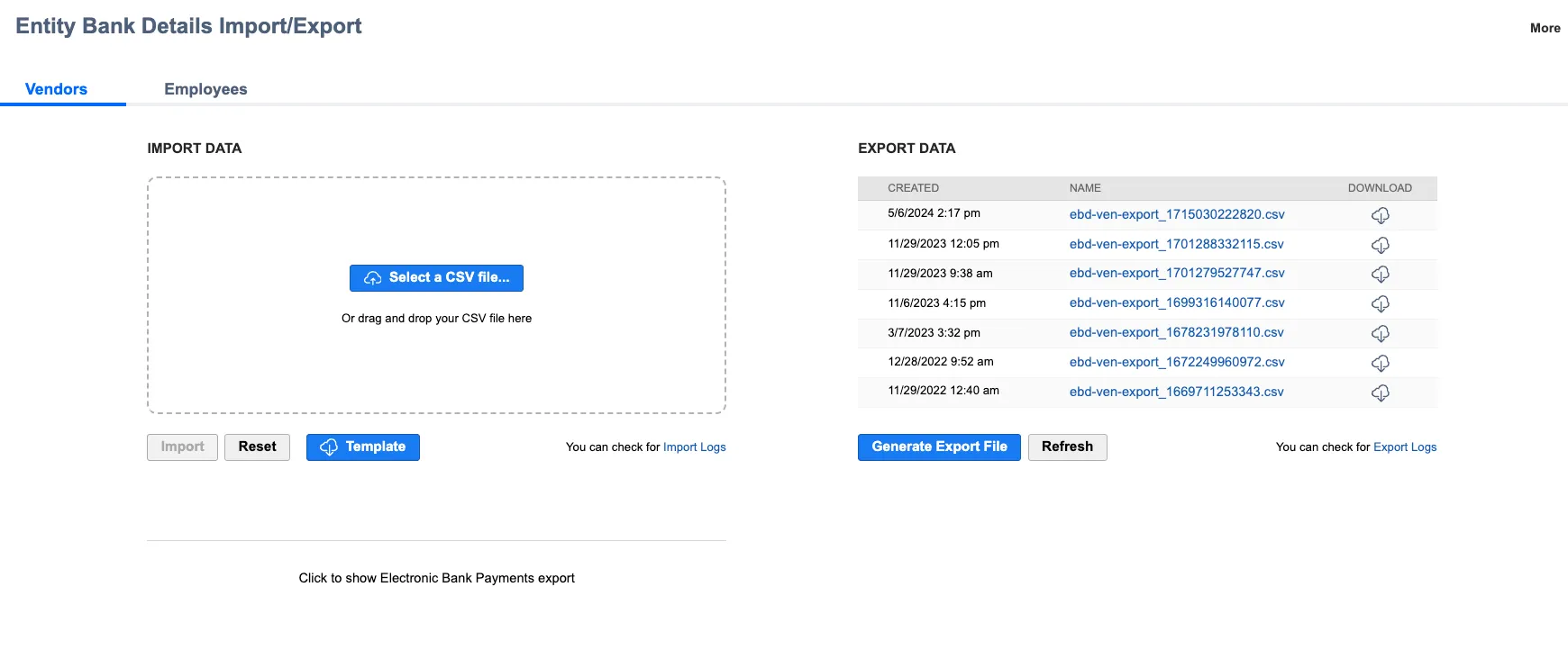Entity Bank Details - Import/Export page Entity Bank Details - Import/Export page