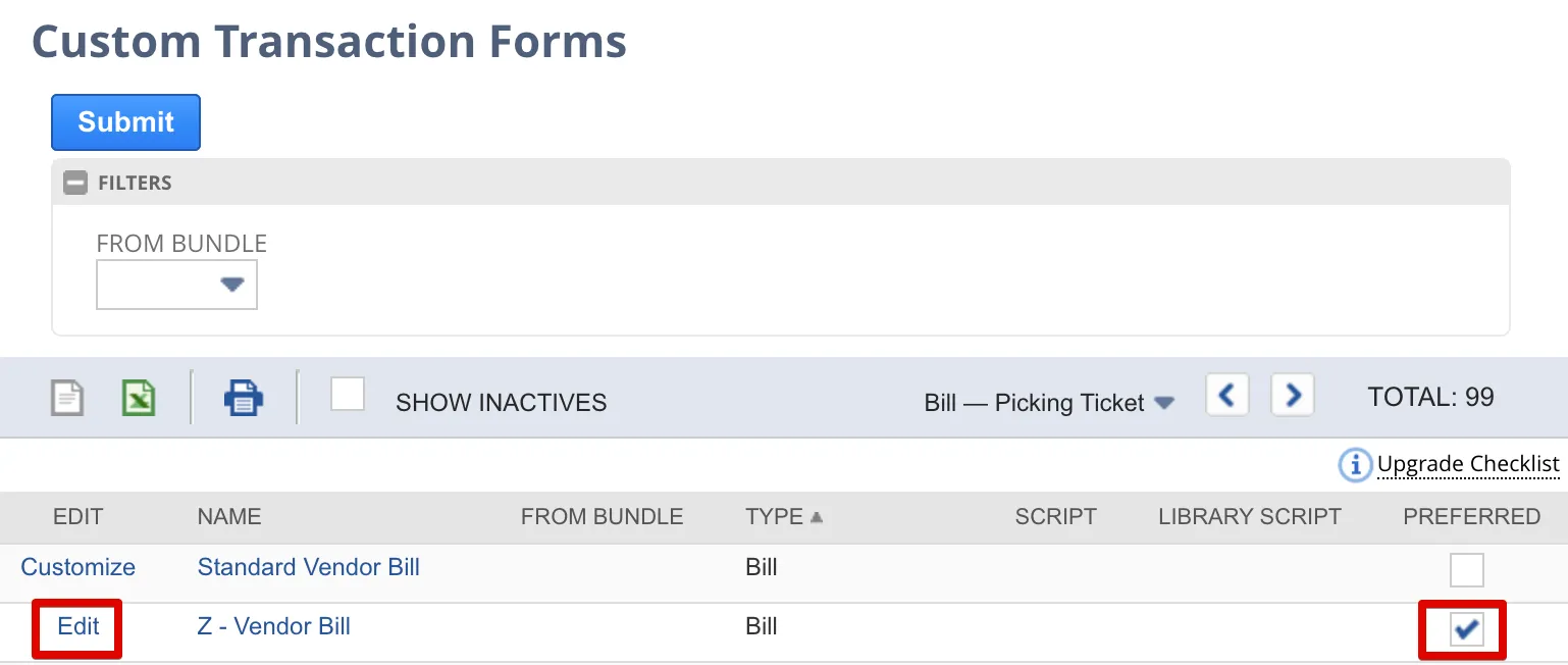 Click "Edit" for a Preferred Bill form Click "Edit" for a Preferred Bill form