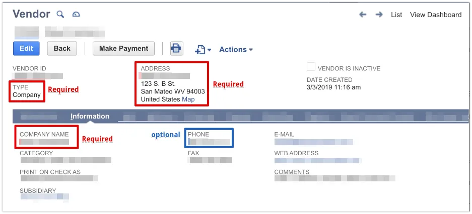 Type, Company Name and Address are required for all payments. Type, Company Name and Address are required for all payments.
