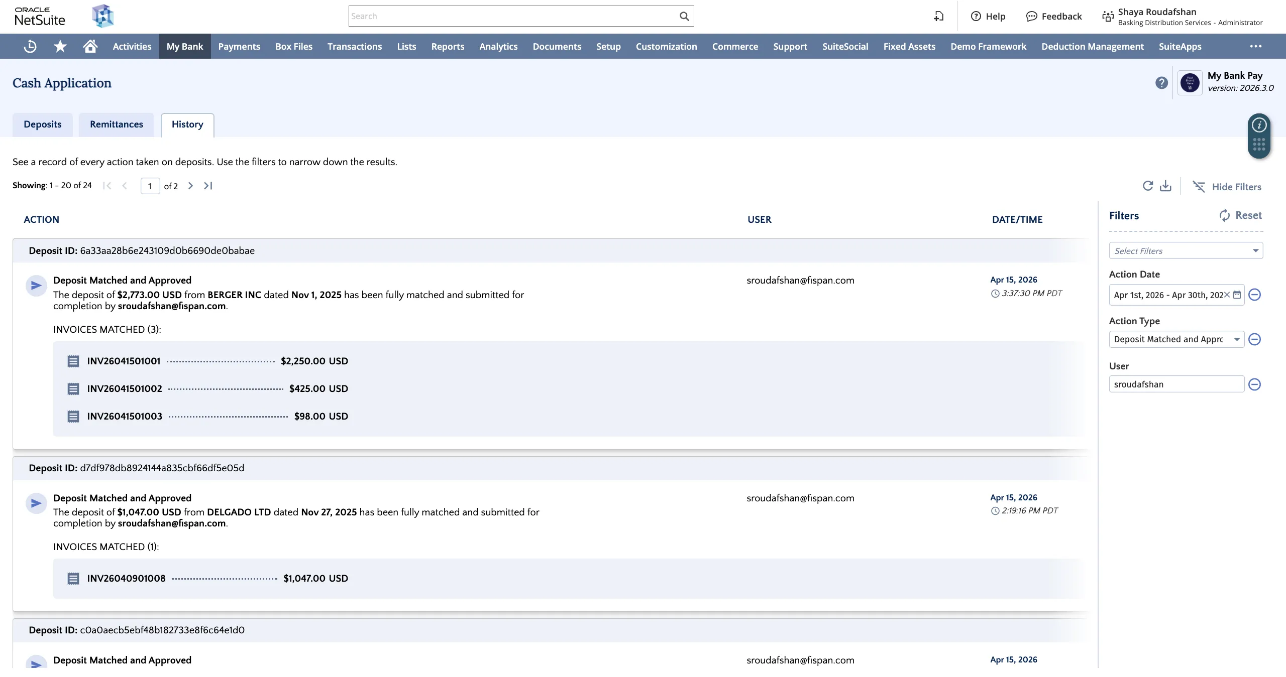 History tab and filters
