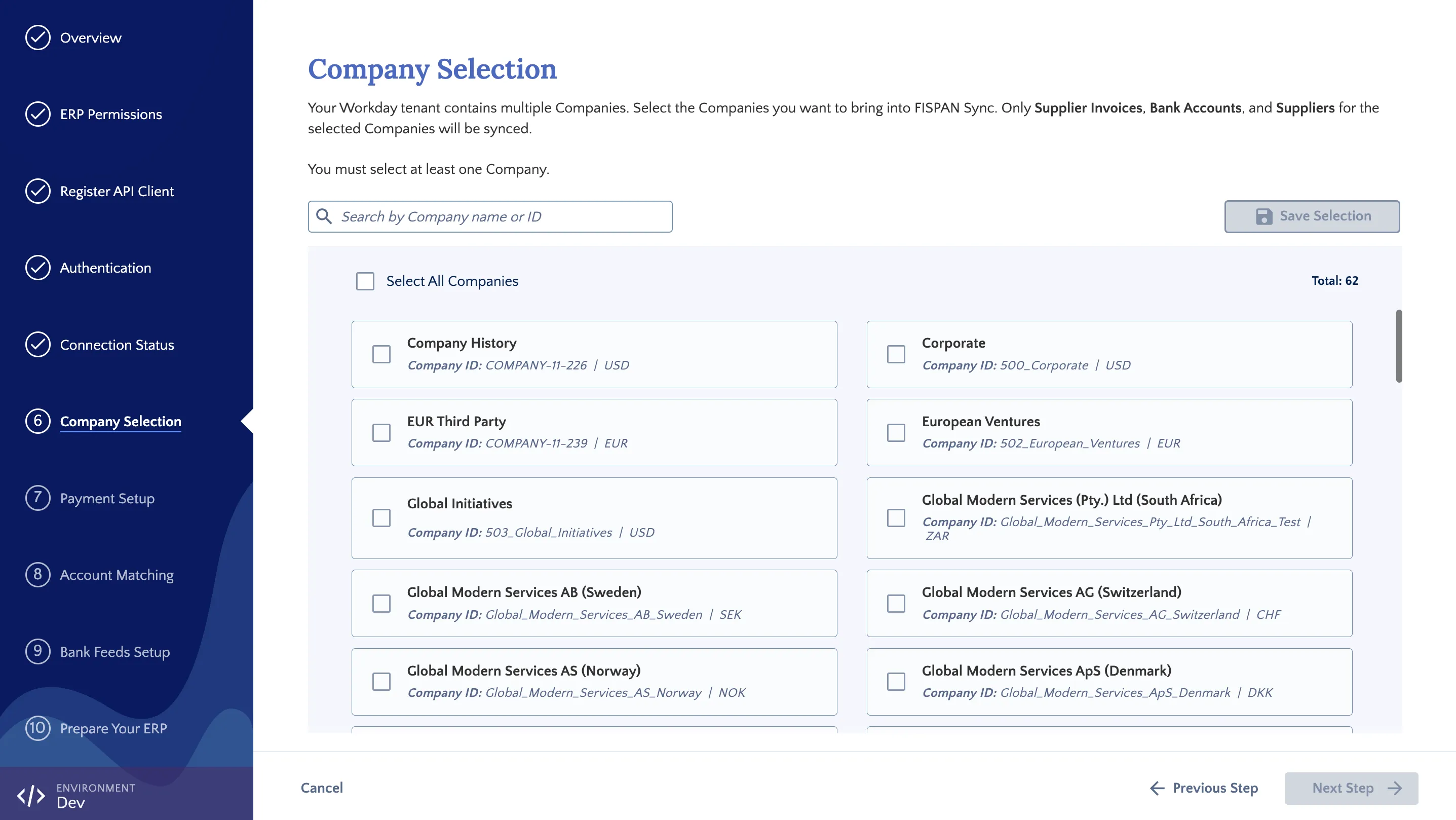 Company Selection step in the FISPAN Onboarding Wizard Company Selection step in the FISPAN Onboarding Wizard