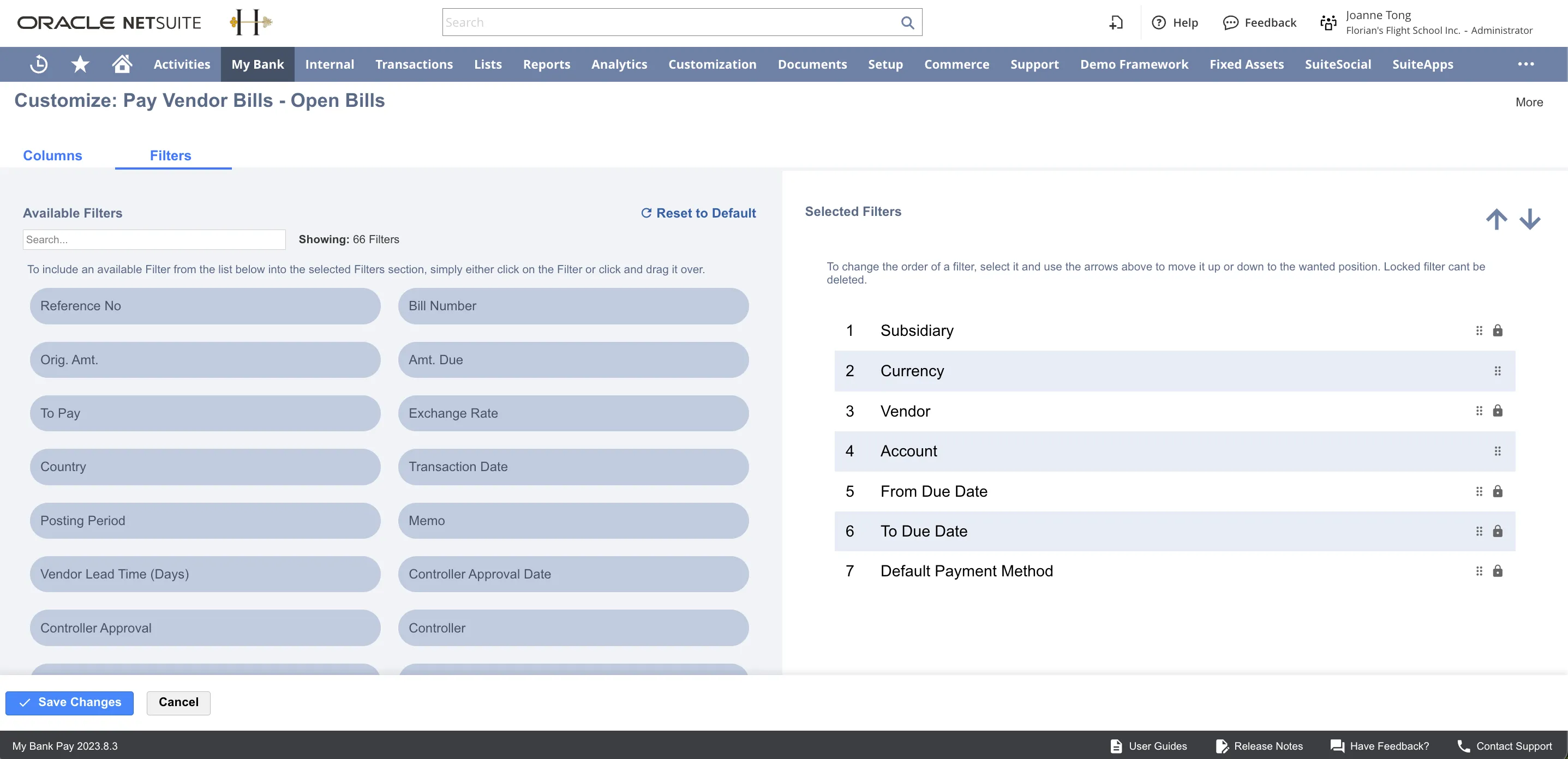 Customize: Pay Vendor Bills page on the Filters sub-tab Customize: Pay Vendor Bills page on the Filters sub-tab