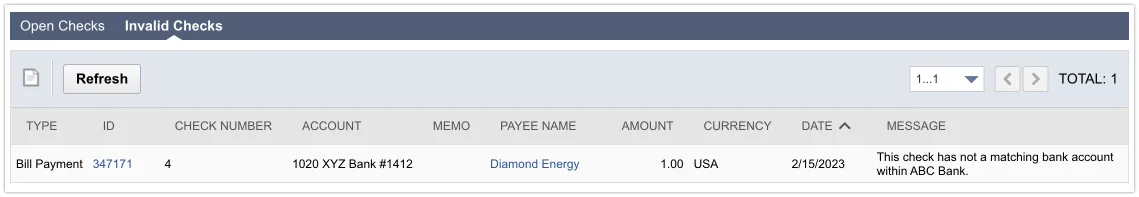 The image displays an entry in the Invalid Checks section, with the message of "The check has not a matching bank account within ABC Bank." The image displays an entry in the Invalid Checks section, with the message of "The check has not a matching bank account within ABC Bank."