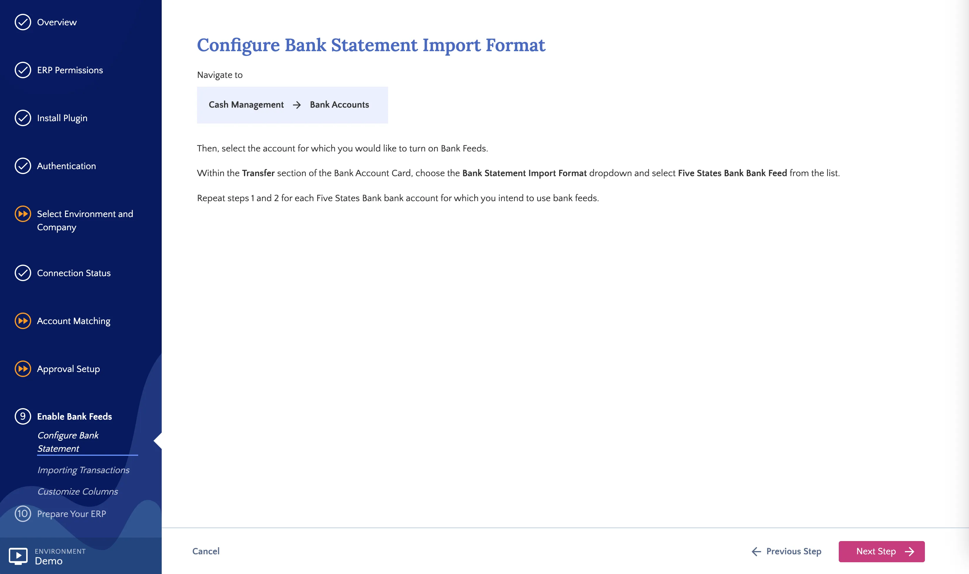 Enable Bank Feeds Step