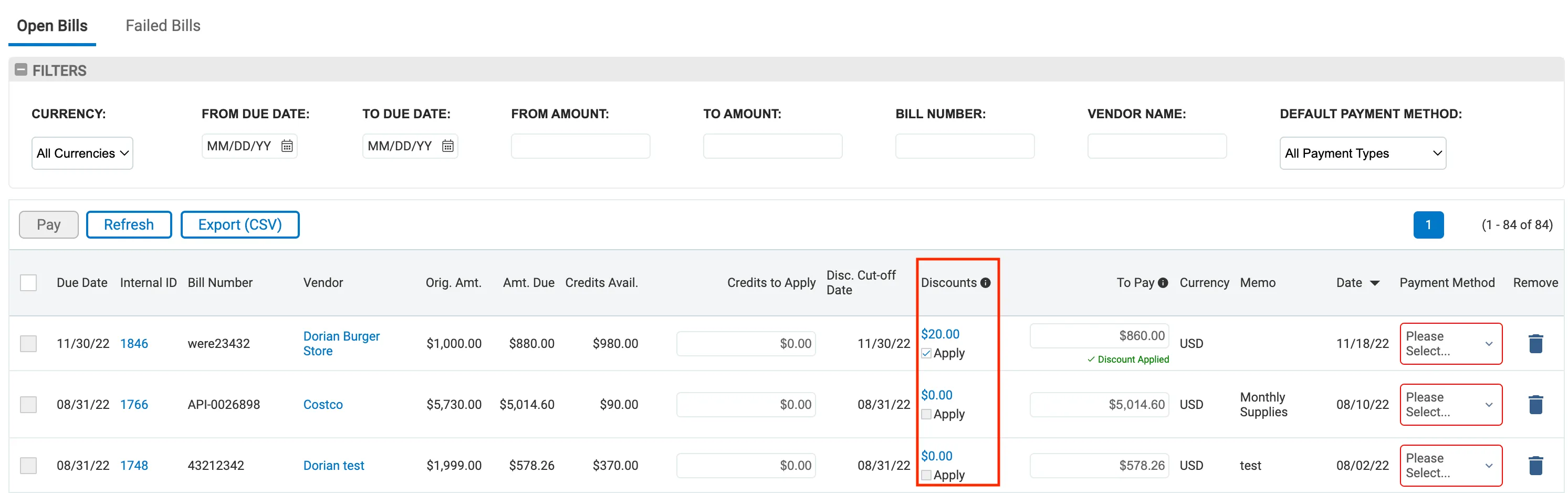 Discounts column Discounts column