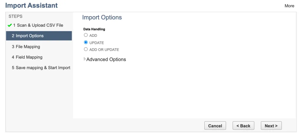 Select Import Options Select Import Options