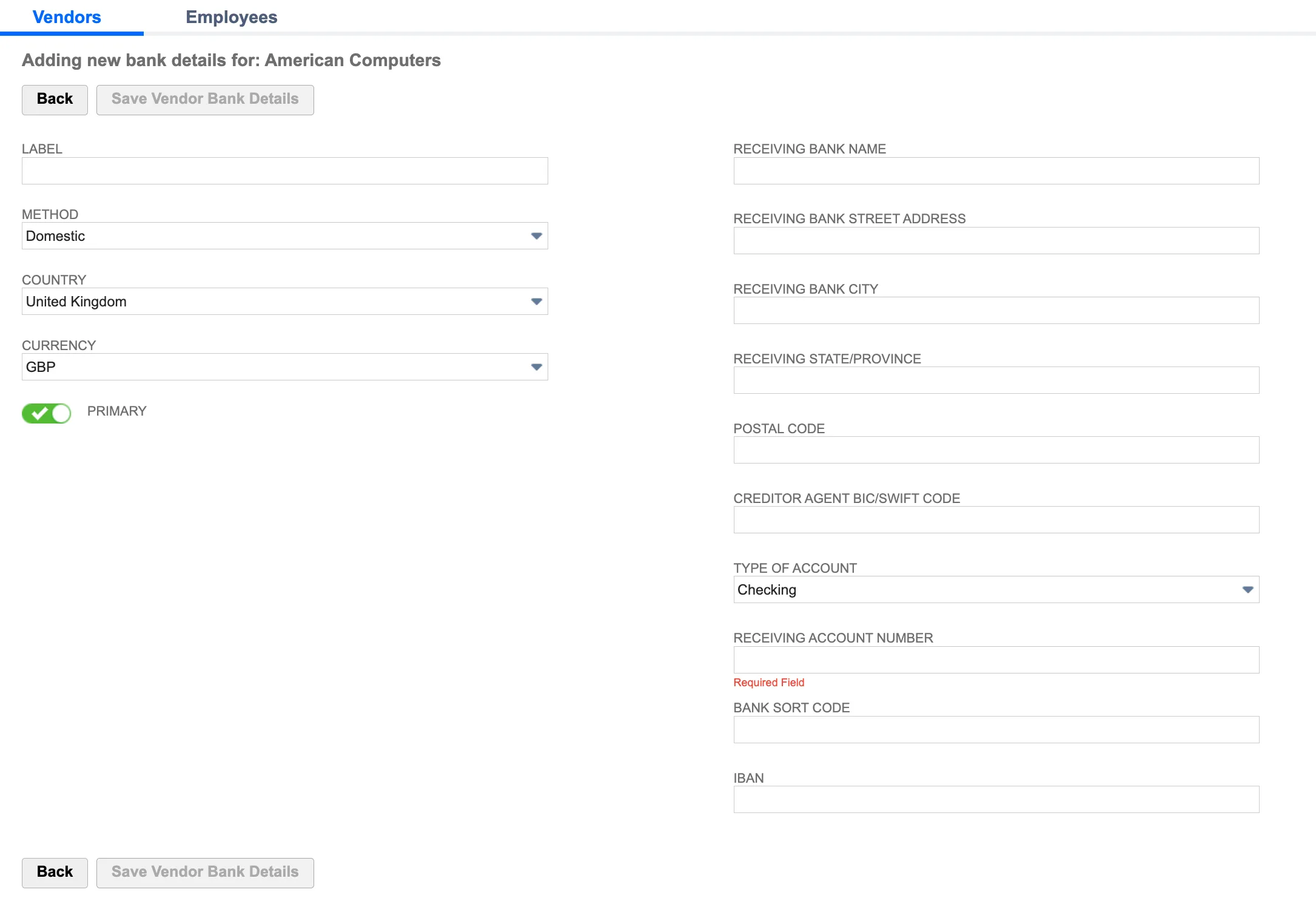 Netsuite Entity Bank Details for GBP International Payments