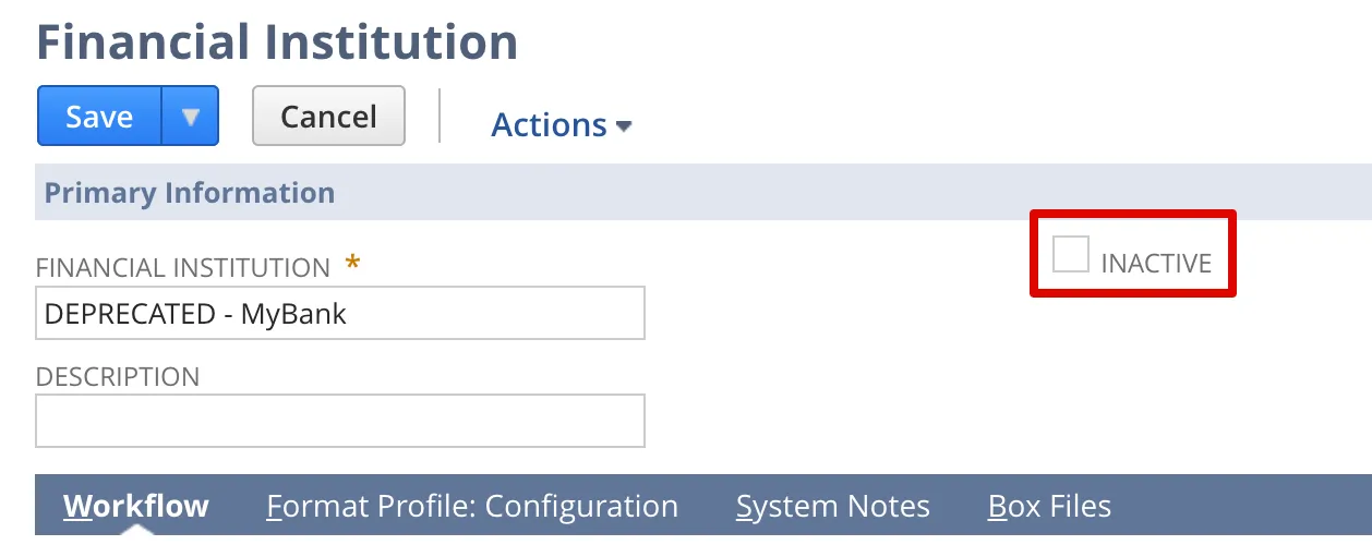 Click the Inactive checkbox on the Financial Institution