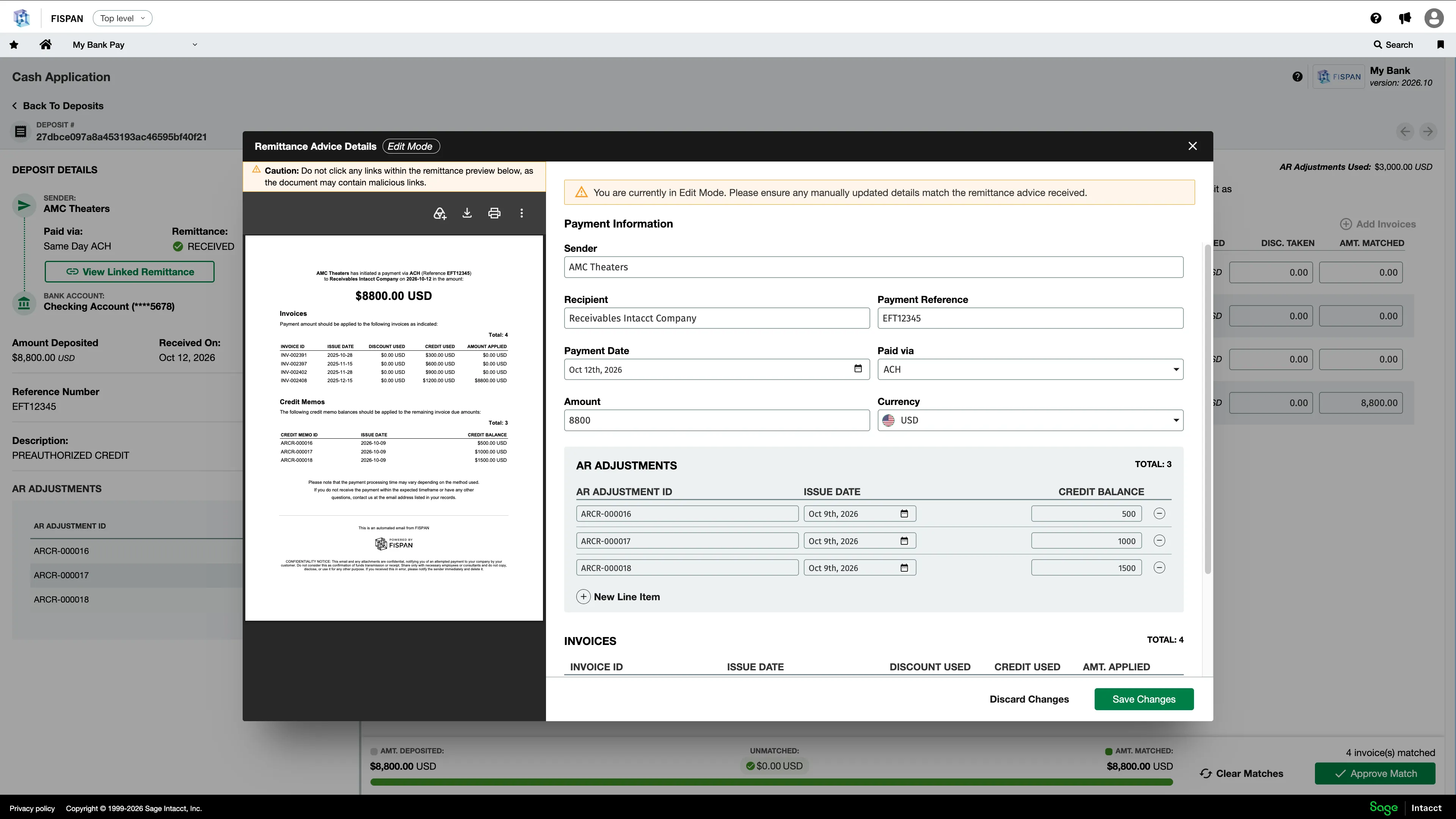 Remittance editing for AR adjustments Remittance editing for AR adjustments