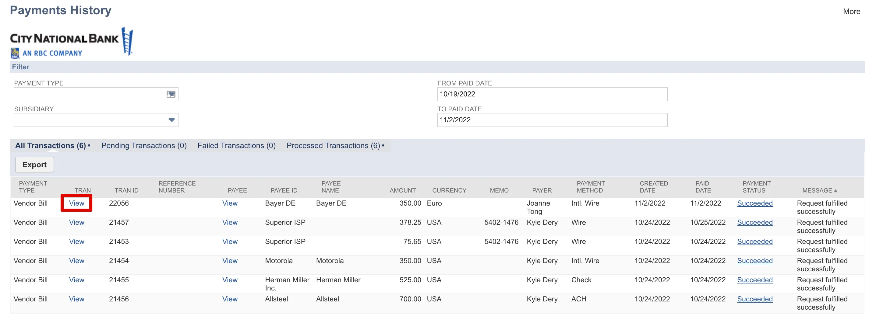 Select Vendor Bill Transaction to View