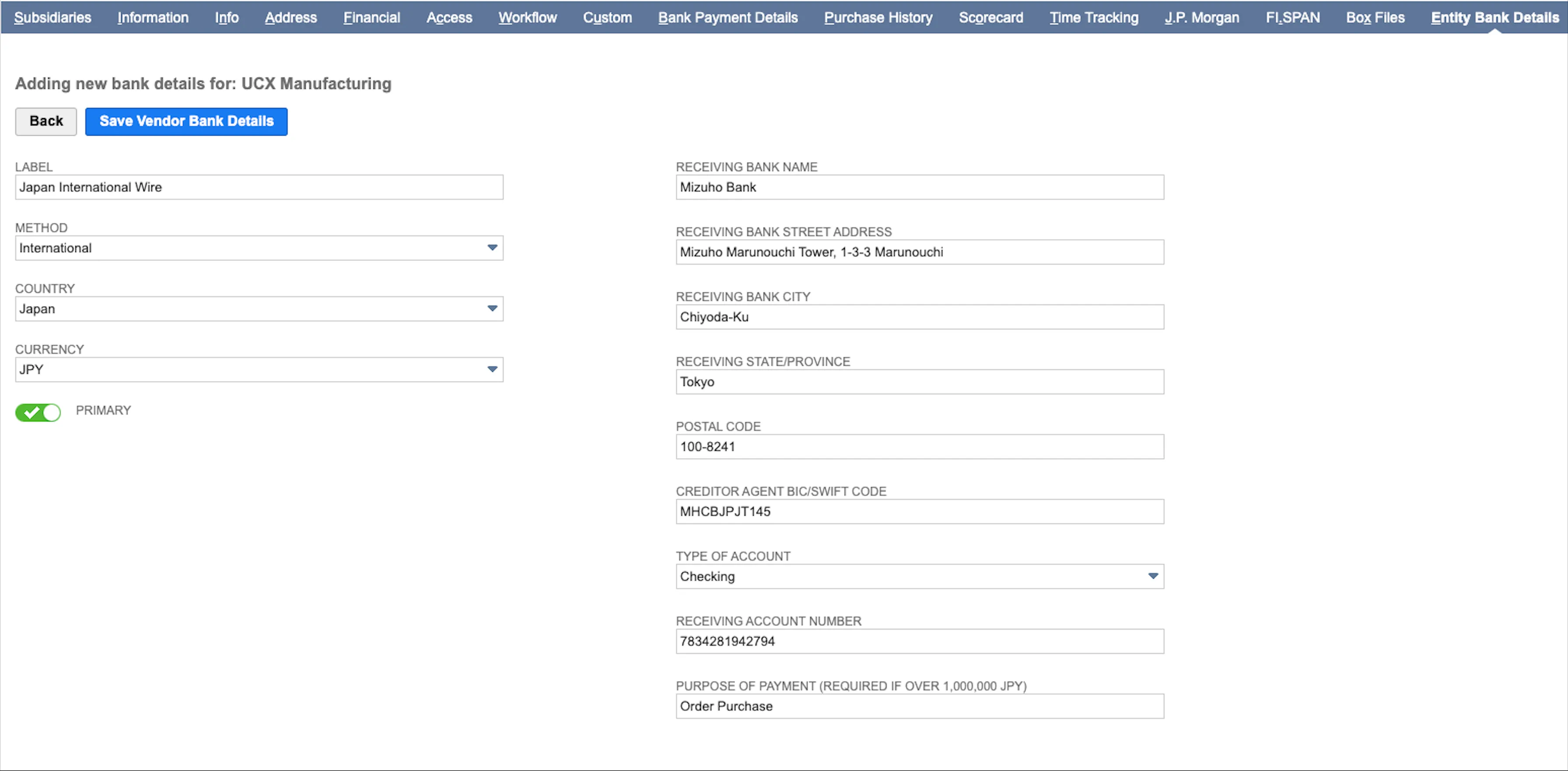 Save Vendor Bank Details