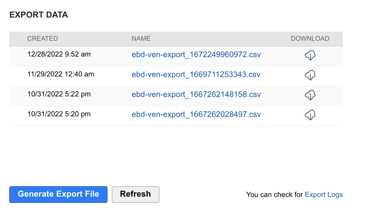 Export Data section of the Import/Export page Export Data section of the Import/Export page