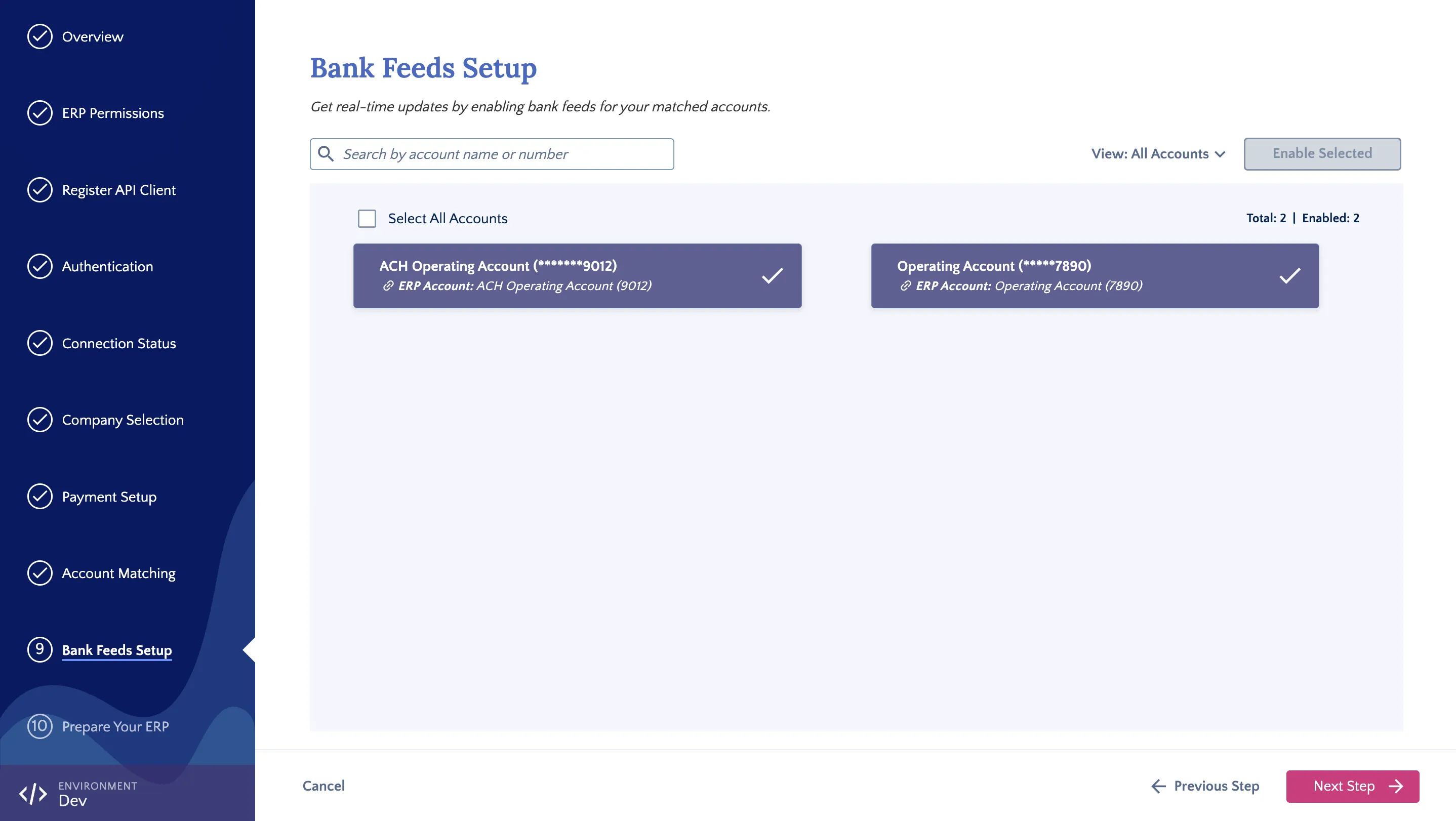 Bank Feeds Setup Page