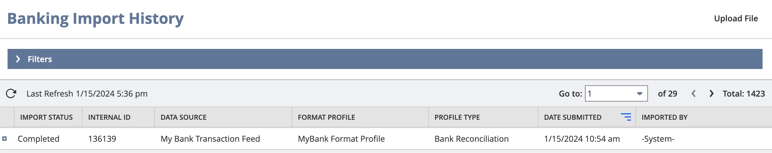 Banking Import History page with a Completed import