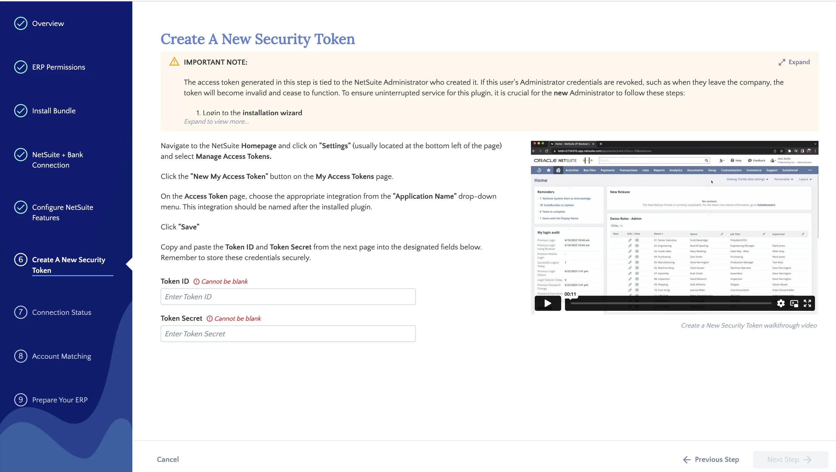 Copy and paste the Token ID and Token Secret from NetSuite