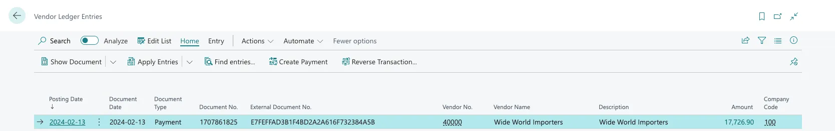 Vendor Ledger Entries Vendor Ledger Entries