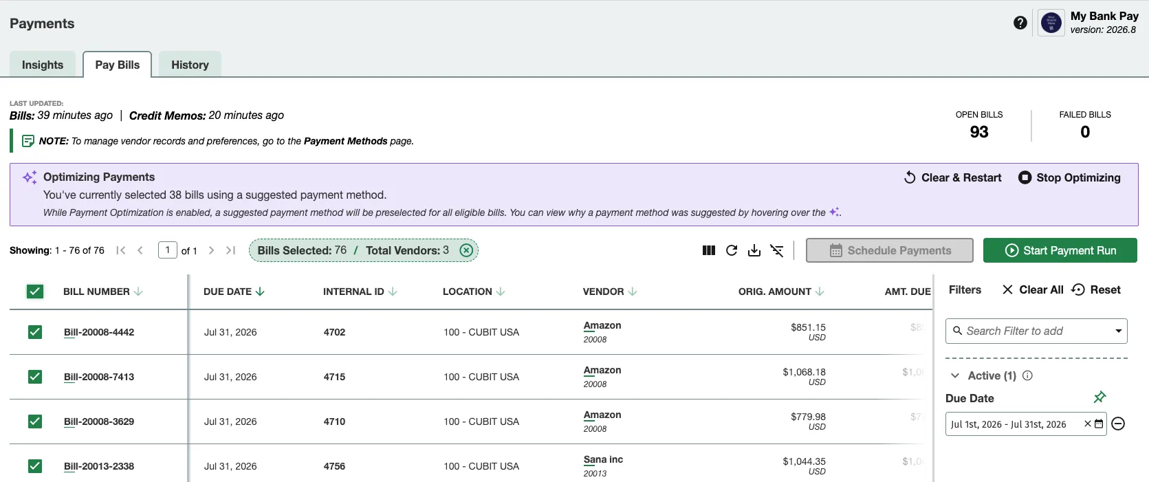 Select Bills and click Start Payment Run