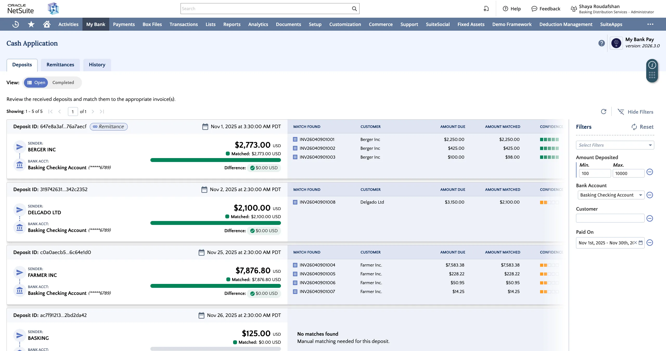 Filtered deposits list view