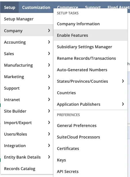 In NetSuite, highlight Setup then Company and click on Enable Features