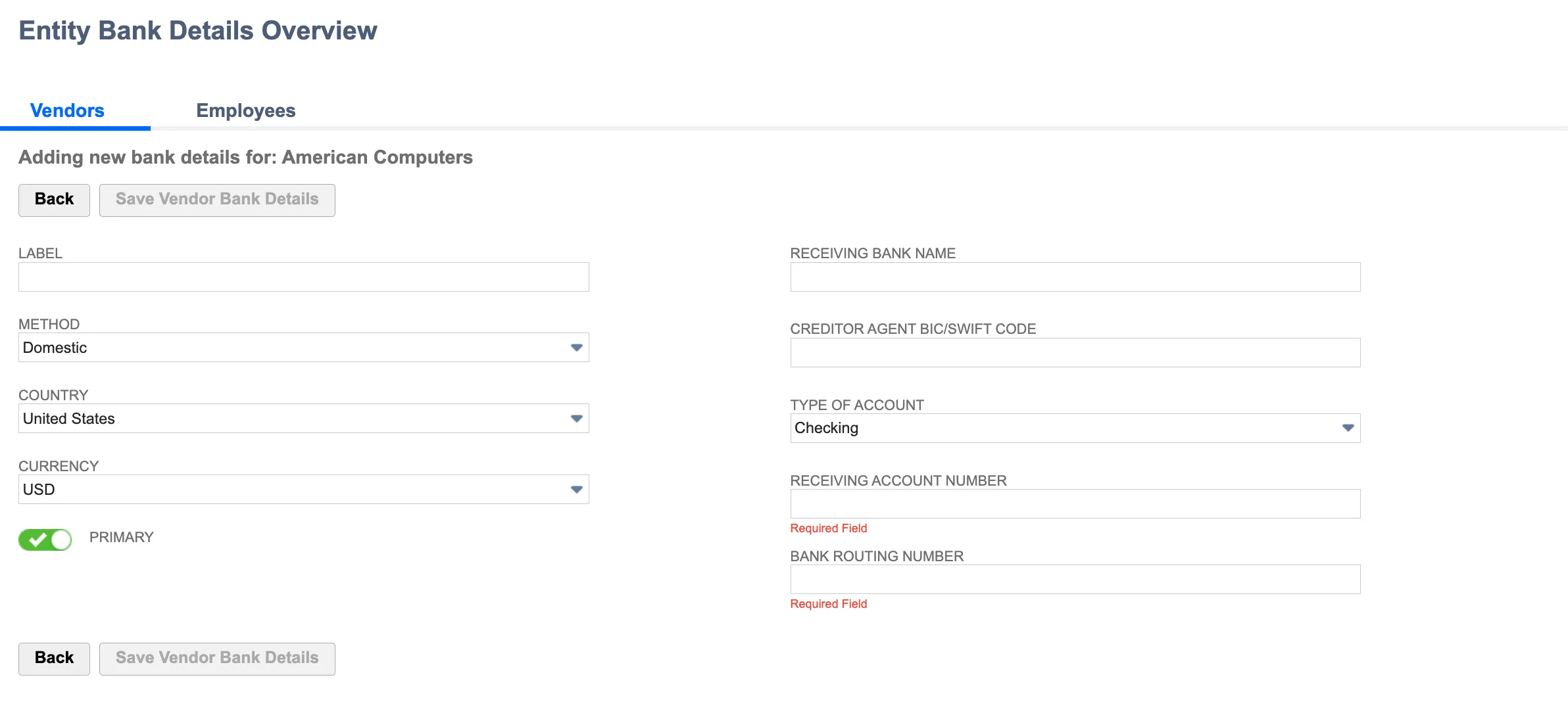Netsuite Entity Bank Details for US Domestic Payments