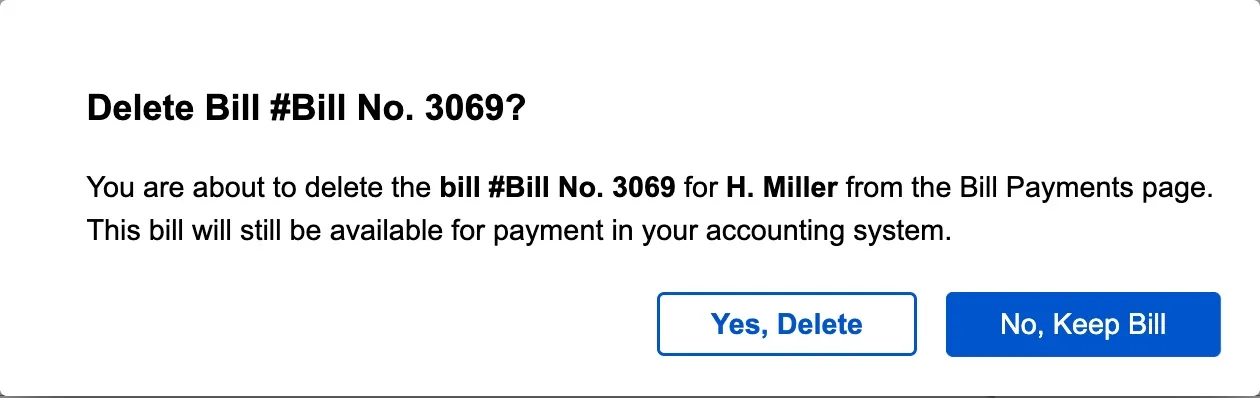 Delete Bill Pop-Up Delete Bill Pop-Up